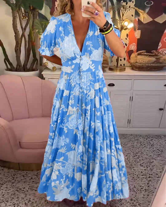 Sommerliches - maxikleid: tiefer v-ausschnitt, volantsaum