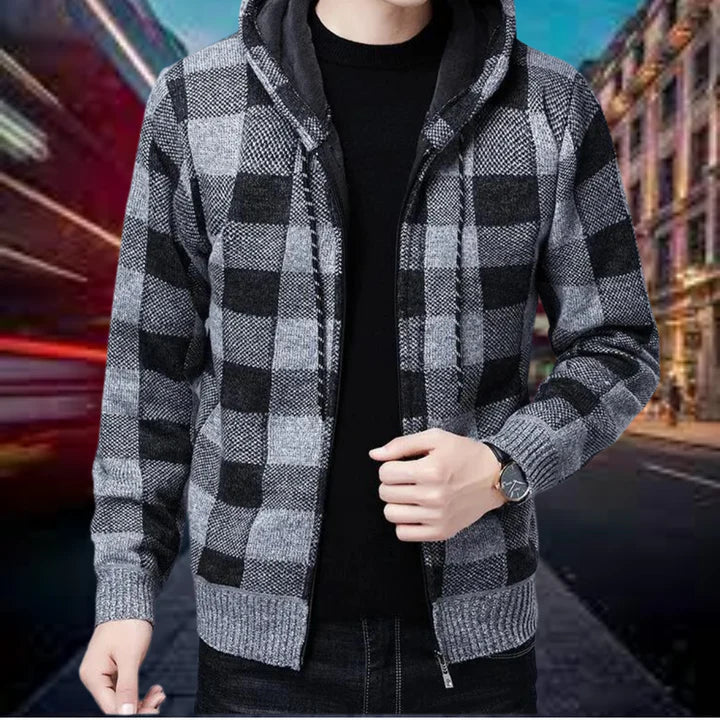 Ubaldo - hochwertige strickjacke mit karierter kapuze für herren