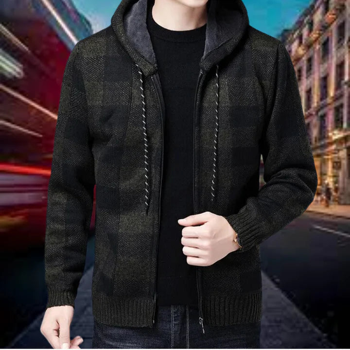 Ubaldo - hochwertige strickjacke mit karierter kapuze für herren