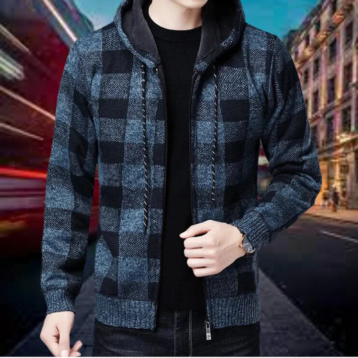 Ubaldo - hochwertige strickjacke mit karierter kapuze für herren