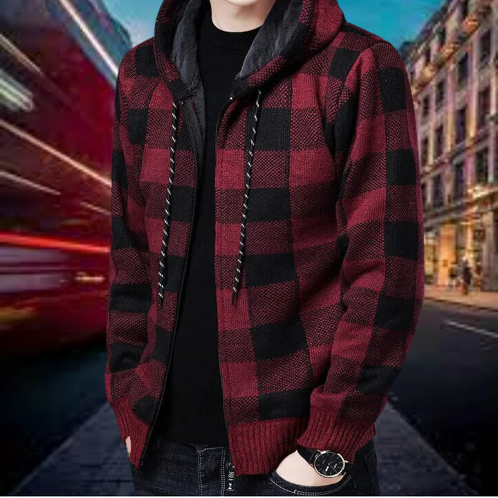 Ubaldo - hochwertige strickjacke mit karierter kapuze für herren