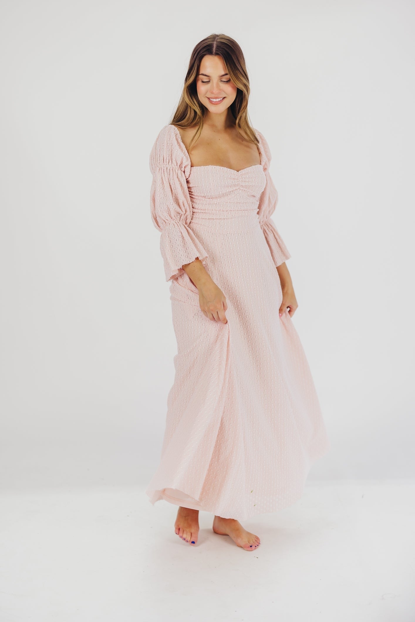Corrine – langes Kleid mit rüschenärmeln und taschen – ballerina-pink – stoßfest