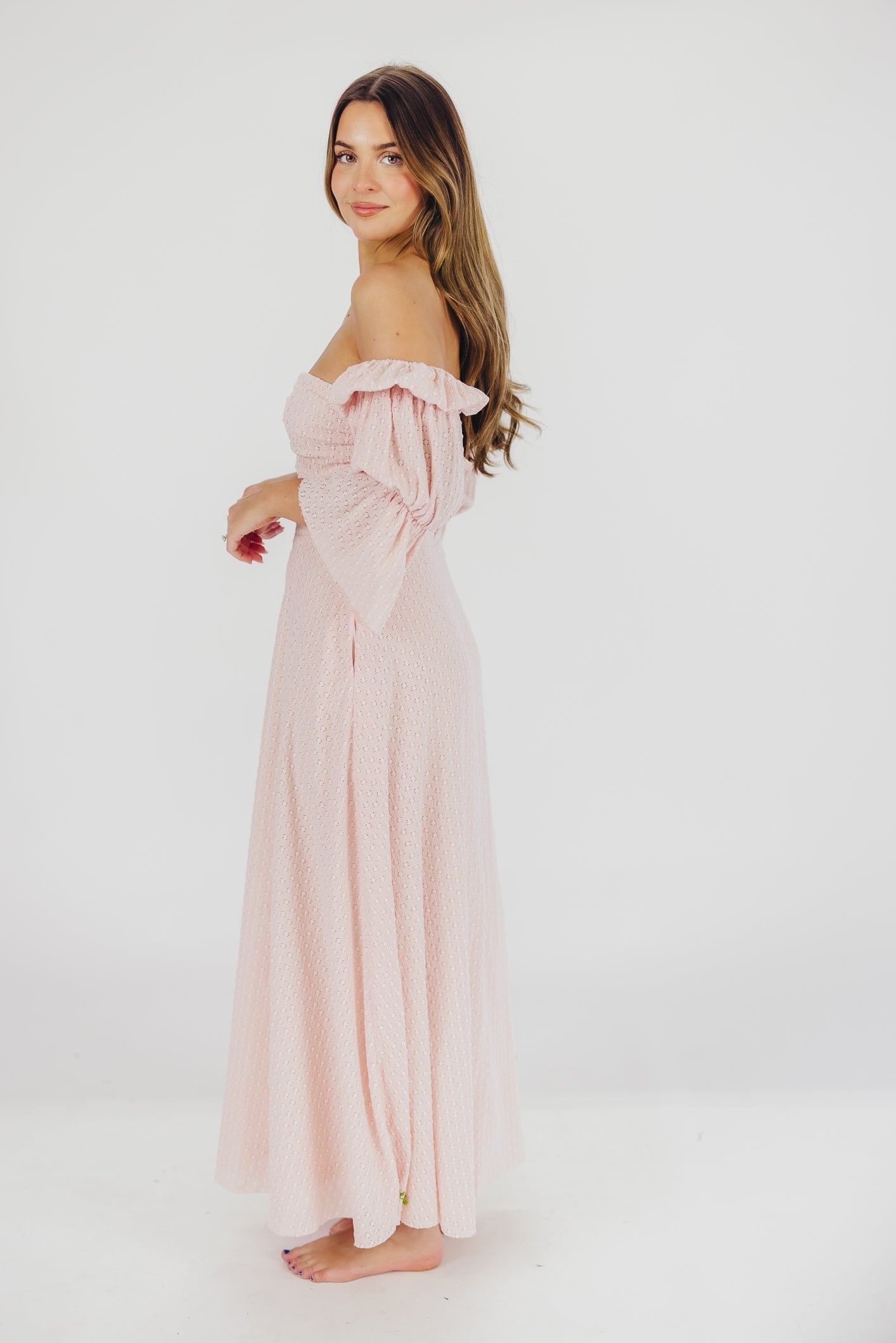 Corrine – langes Kleid mit rüschenärmeln und taschen – ballerina-pink – stoßfest