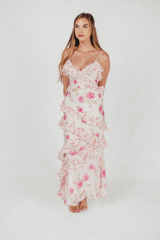 Amelia rüschen-maxikleid in elfenbein/rosa mit blumenmuster