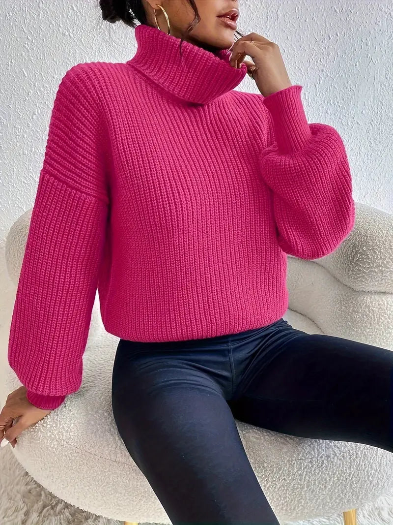 Schicker pullover mit tropfenschulter, laternenärmeln und rollkragen