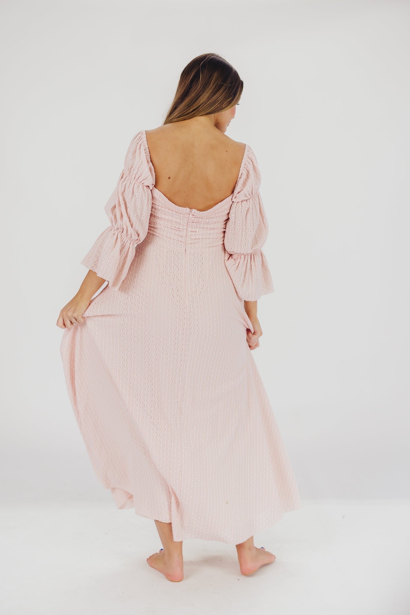 Corrine – langes Kleid mit rüschenärmeln und taschen – ballerina-pink – stoßfest