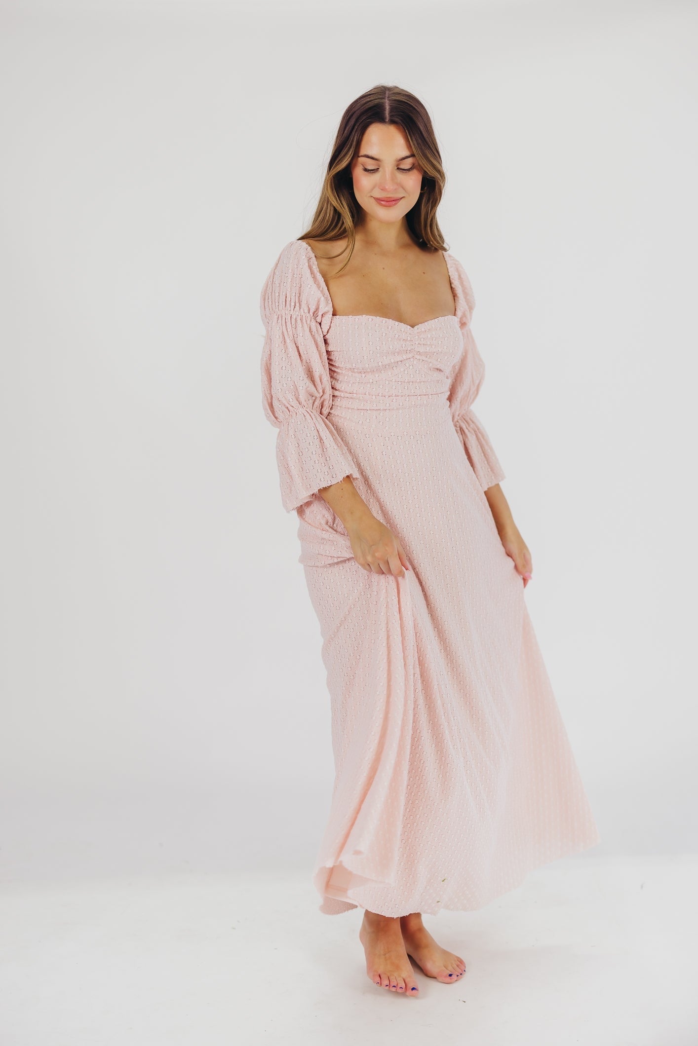 Corrine – langes Kleid mit rüschenärmeln und taschen – ballerina-pink – stoßfest