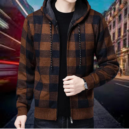 Ubaldo - hochwertige strickjacke mit karierter kapuze für herren