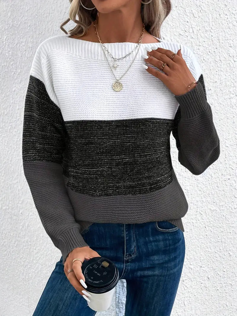 Natalie - farbblock-langarmpullover mit rundhalsausschnitt